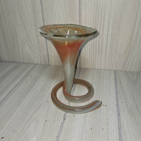 Vtg 70s Elegant Swirl Blown Glass Tulip/Trumpet Vase - Orange Green Art Glass - Picture 4 of 7